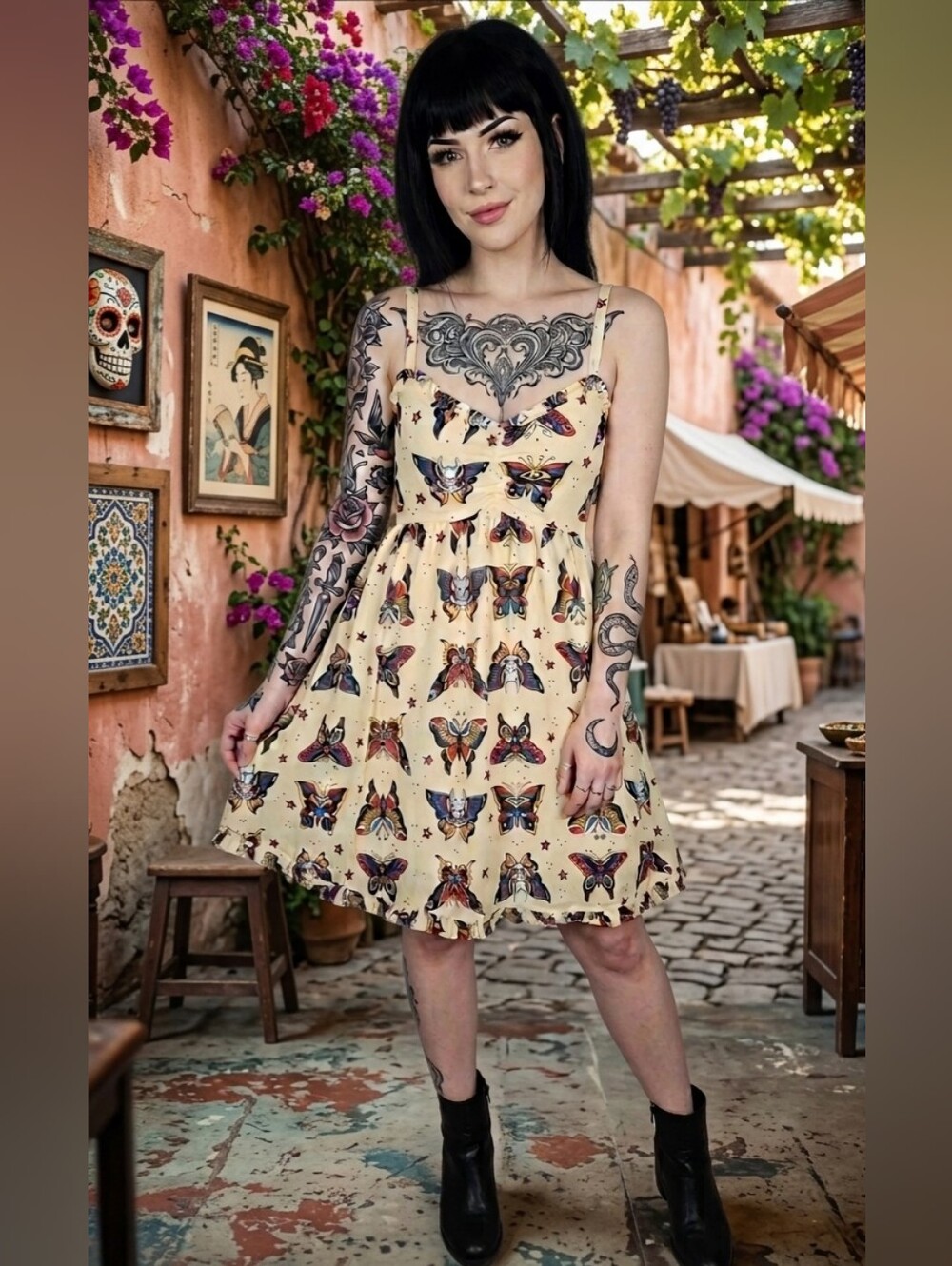 Sourpuss Butterfly Moth Skull Devil Tattoo Strapless Retro Goth Pinup Dress